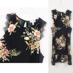 Leith | Black Pink Floral Sleeveless Shift Dress M